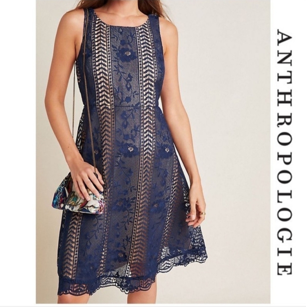 Anthropologie Sleeveless Dress Navy Blue Lace Overlay NWT